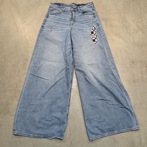 American Eagle Womens 2 Short Super High Rise Ultra Wide Leg Patches Jeans Denim